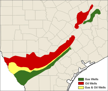 Productive Eagle Ford Oil and Gas Wells: This map shows hydrocarbon zones within the Eagle Ford Shale drilling area. The green areas are where well production has typically been limited to natural gas. Wells in the yellow area typically yield both oil and gas. Wells in the red areas typically yield oil. Map prepared using data from the Energy Information Administration.