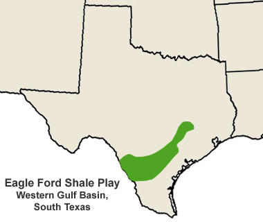 Map of the Eagle Ford Shale Oil and Gas Play: The green area on this map marks the geographic extent of drilling activity in the Eagle Ford Shale natural gas and oil play. Wells drilled within this area using horizontal drilling and hydraulic fracturing have typically been successful
